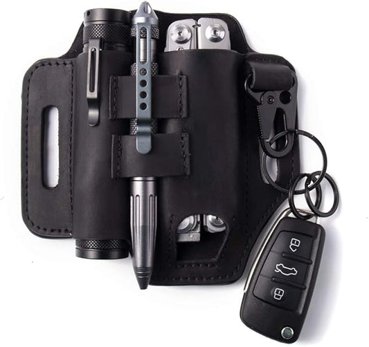 Gentlestache Multitool Belt Sheath, EDC Leather Belt Organizer, Belt Holder with Multitool Pouch, Flashlight Holder, Pen Holder and Keychain Clip, Practical EDC Belt Pouch for Men