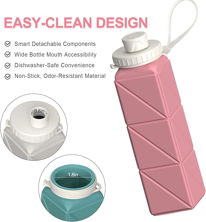 Collapsible Water Bottles 20.6oz, Silicone Foldable Portable Travel Water Bottle, BPA-Free, Leakproof Reusable for Traveling Hiking Sports, 5 Pack (Starlight+Pink+Blue+Dark Blue+Black)