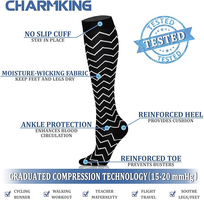 CHARMKING 6 Pairs-Compression Socks for Women & Men Circulation Best Support for Nurses, Running, Athletic,Flight Travel