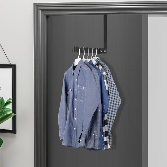 FYY Over The Door Hooks Hanger, 1 Pack Collapsible Folding Over The Door Organizer Rack Space Saving Hanging Storage Hanger for Clothes, Coats, Towels for Bedroom Bathroom Black