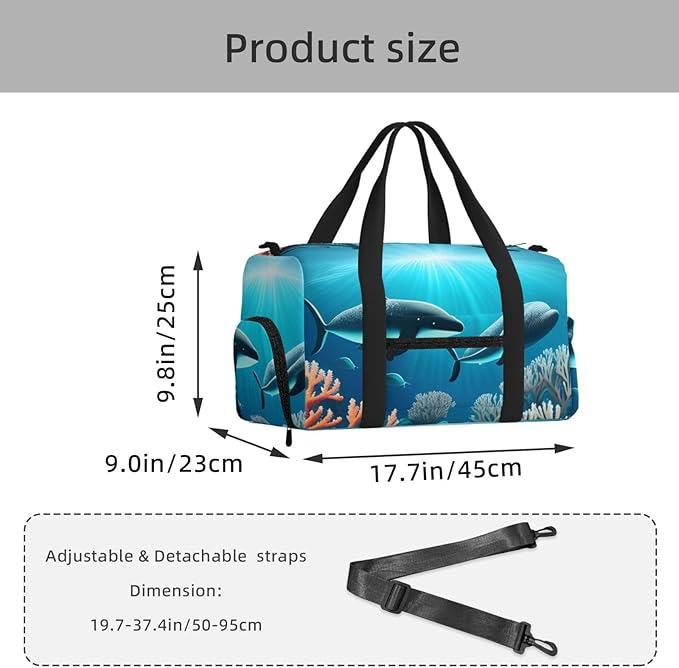 Whales under the sea Print Gym Bag with Shoe Compartment for Women Men, 17.7in Sports Duffle Weekender Tote, Overnight Travel Duffel Bag Carry On