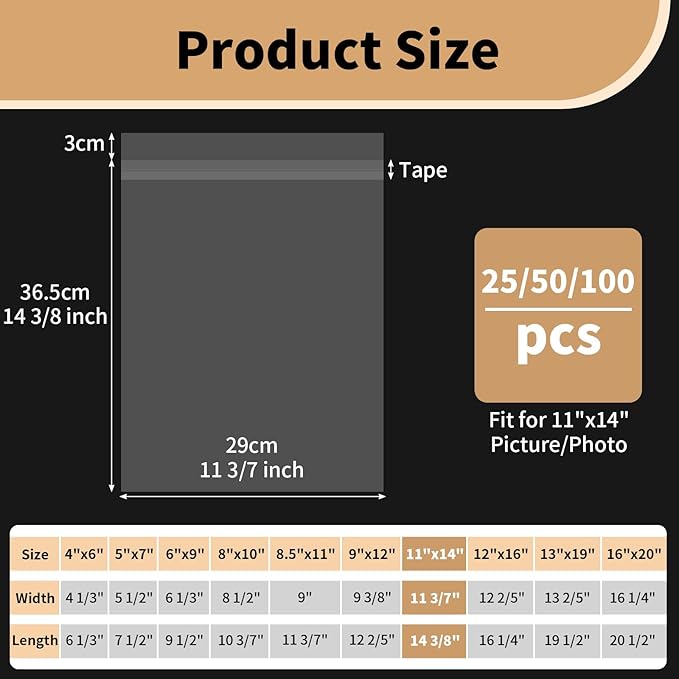 Acid Free Paper Protector Sheets, Clear Plastic Sleeves for Art, Magazine Protectors for Collectors, Protective Sleeves for Paper 11x14 Canvas Print Photos Newspaper Poster Art Bag, Pack of 25