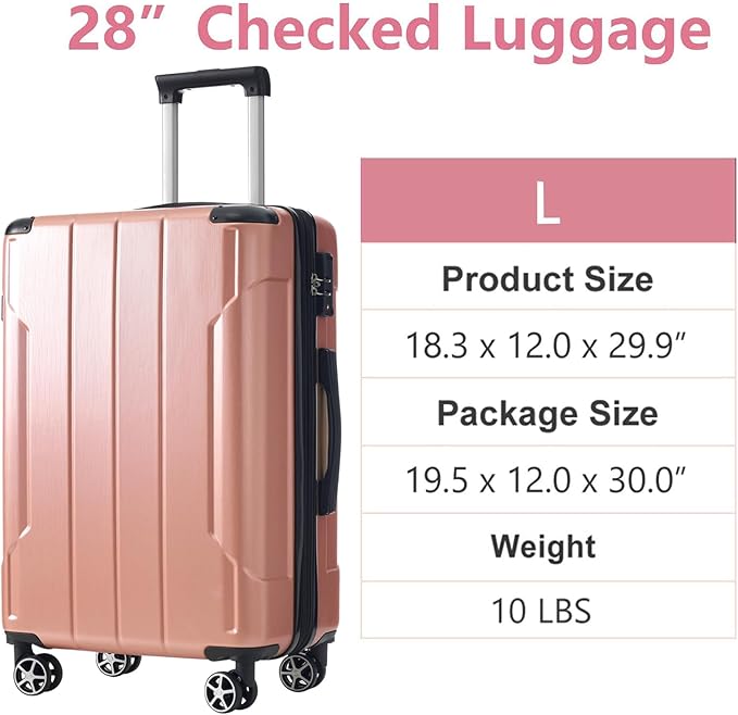 28 Inch Large Checked Luggage Hardside Suitcase with Spinner Wheels, Lightweight Expandable Hard Shell ABS Suitcases with TSA Lock, Large Travel Luggage for Women, Men, Rose Pink