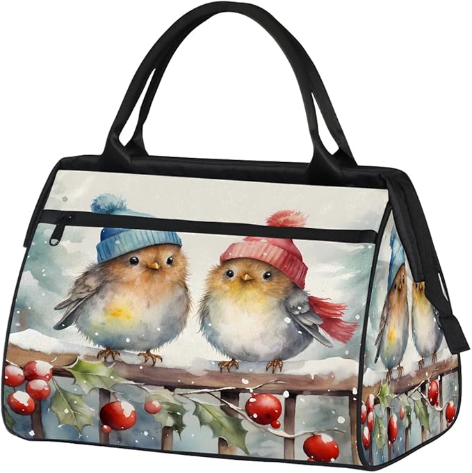 Winter Bird Holly Leaf Overnight Weekender Bags for Women Men, Waterproof Travel Carry On Duffel Bag, Lightweight Sports Gym Bag for Fitness, Workout, Travel