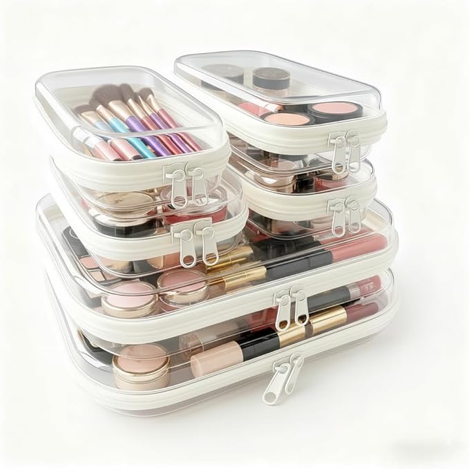6Pcs/2M+4S Clear Hard Shell Zippered Travel Case – Plastic Organizer Pouch for Toiletries, Cosmetic Bag, Diaper Bag & Packing Accessories (White, Set C)