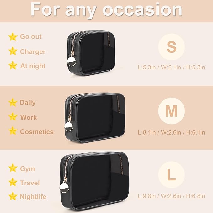 3PCS Clear Makeup Bag Set, Waterproof TPU Purse Organizer Pouches, TSA Approved Toiletry Bag, Diaper Bag Organizer Pouch, Travel Organizer Bags for Women and Kids