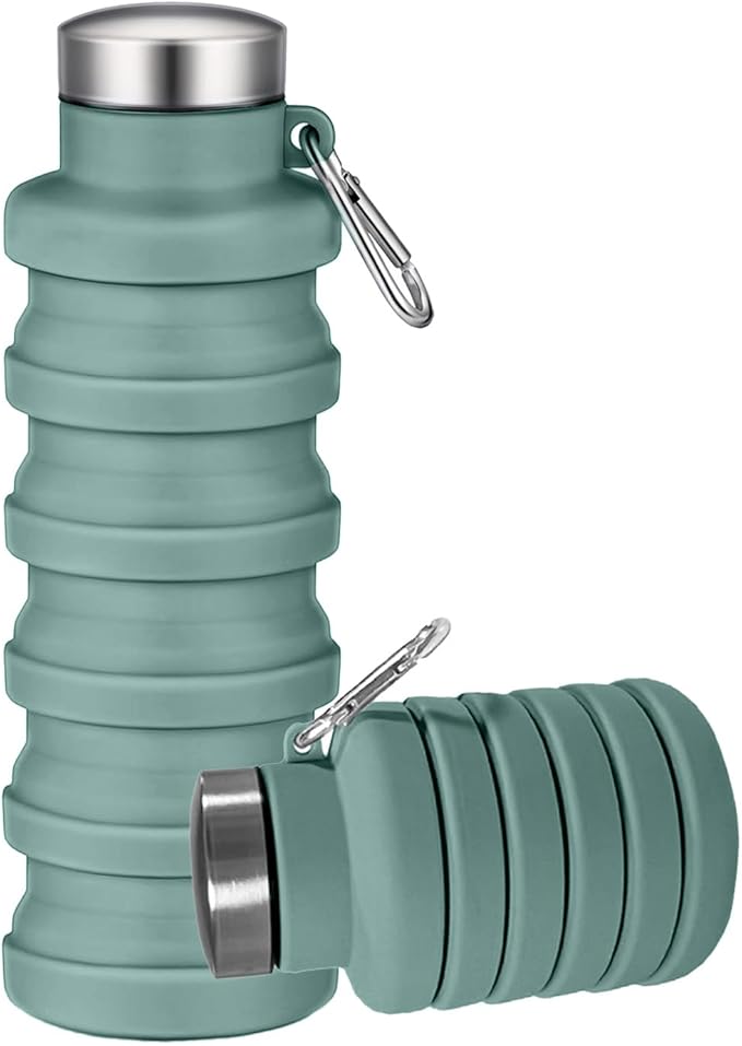 Collapsible Water Bottles,16oz Capacity Portable Reusable Silicone Water Bottle,Leak-proof,with buckle,foldable storage,Lightweight Durable for Fitness,Cycling,Sports,Camping,Hiking (Dark Green)