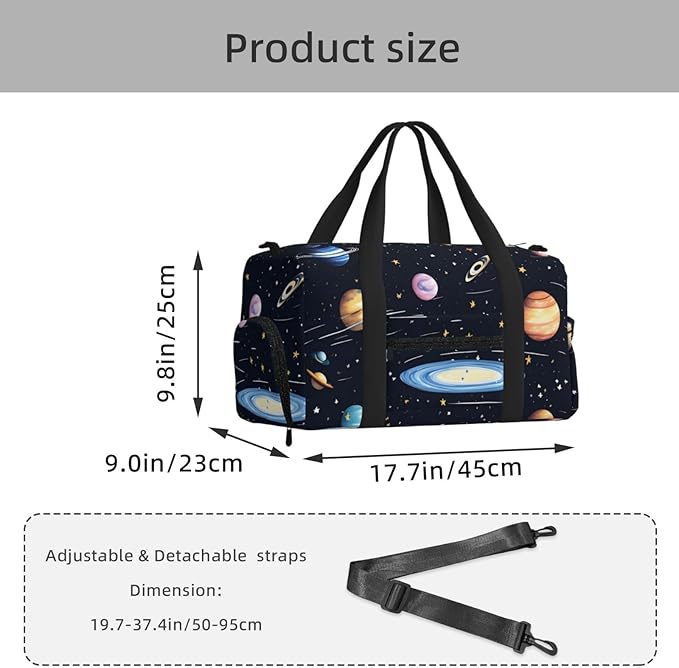 The Solar Family Print Gym Bag with Shoe Compartment for Women Men, 17.7in Sports Duffle Weekender Tote, Overnight Travel Duffel Bag Carry On