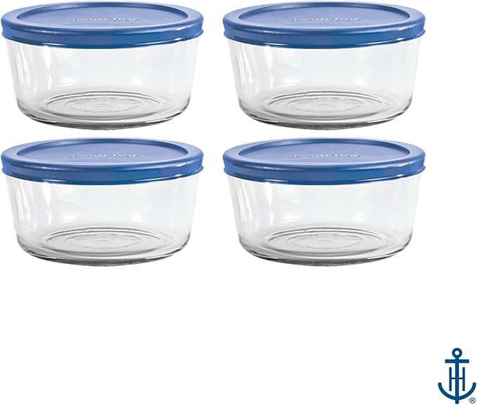 Anchor Hocking SnugFitTM Round Food Storage Containers with Lids (4-Piece, 7-cup, Blueberry, oven-safe)