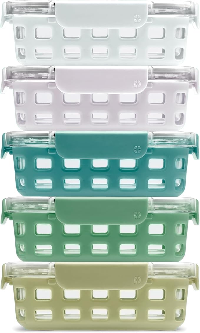 Ello Duraglass 3.4 Cup Meal Prep Sets 10Pc, 5 Pack Set- Glass Food Storage Container with Silicone Sleeve and Airtight BPA-Free Plastic Lids, Dishwasher, Microwave, and Freezer Safe, Olive Tree