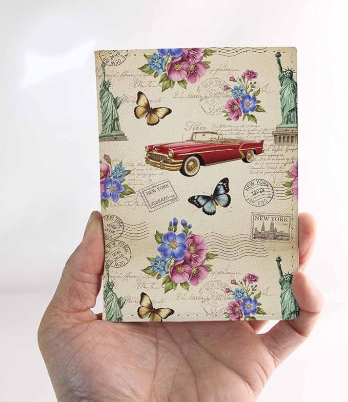 Vintage New York Passport Holder for Travel Retro Car 1920s the Statue of Liberty PU Leather Passport Cover Wallet Cute Passport Card Holder for Women and Men