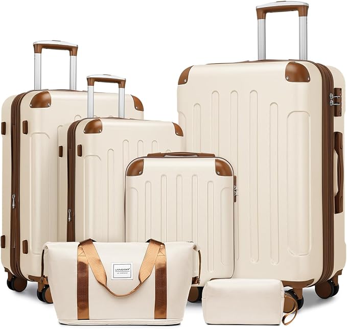 LARVENDER Luggage Sets 6 Piece, Expandable Luggage Set Clearance for Women, Suitcases with Wheels, Hardside Hard Shell Travel Luggage with TSA Lock (White Brown, 6pcs)
