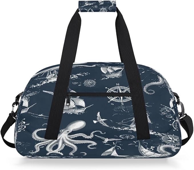 Sports Duffel Bags, Nautical Octopus Boat Water-Resistant Gym Duffle Bag for Men Women, Lightweight Weekender Overnight Bag for Fitness, Workout, Travel