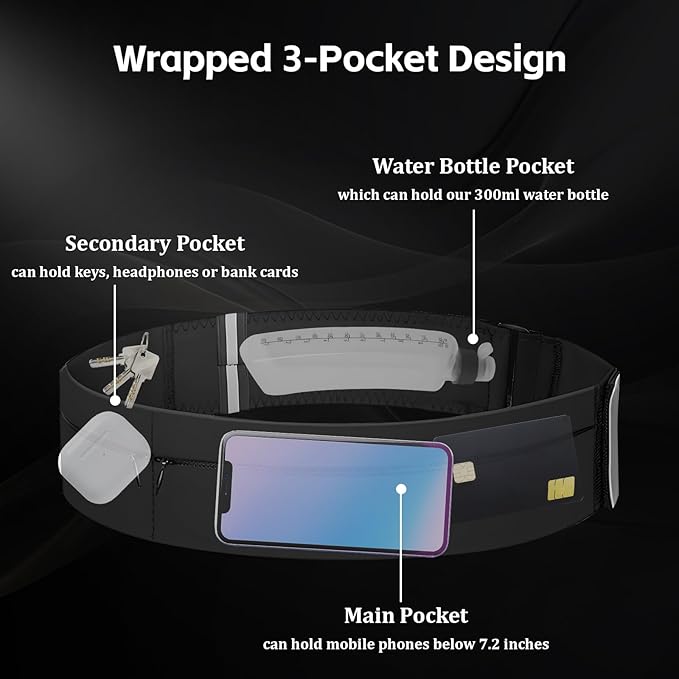 Running Belt for Women Men with Water Bottle & Cooling Towel,Waterproof Running Bag with Adjustable Extension Strap & 3 pocket, Reflective Belt Waist Pack for Hiking, Jogging & Travel (Black, Medium)