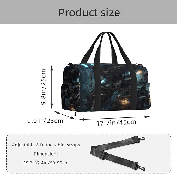 Future Robot Print Gym Bag with Shoe Compartment for Women Men, 17.7in Sports Duffle Weekender Tote, Overnight Travel Duffel Bag Carry On