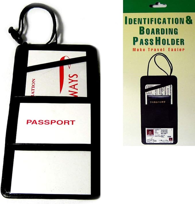 Black Leather Passport Boarding Pass Ticket ID Card Thin Holder Neck Pouch Strap