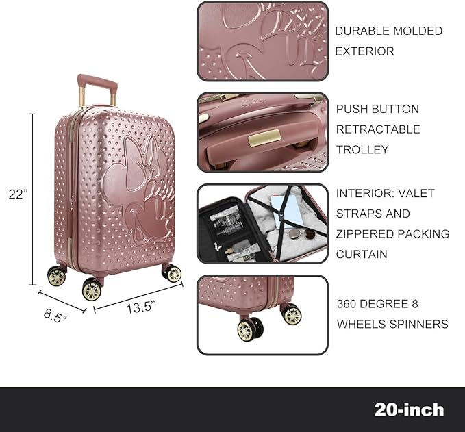 Disney Minnie Mouse 20 Inch Carry On Rolling Luggage, Rose Gold Hardshell Spinner Suitcase with 8 Wheels, Retractable Handle, Valet Straps & Zippered Packing Curtain, Expandable, Officially Licensed