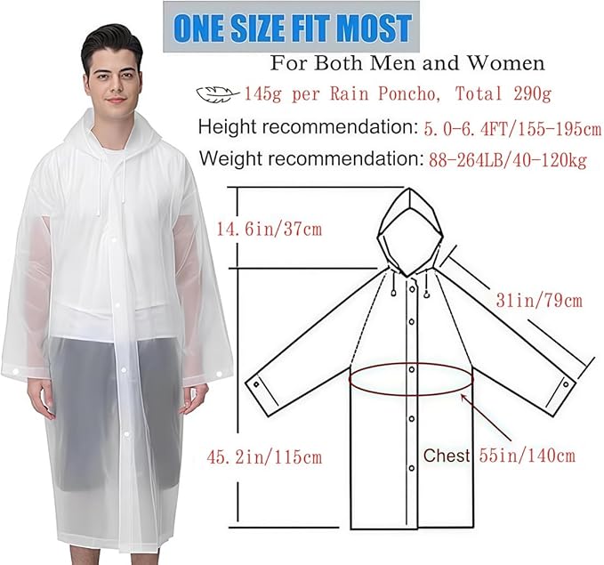 Rain Coat Poncho for Adult, 2 Pack Women Men Reusable Raincoats Emergency with Hood and Drawstring