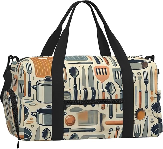 Kitchen Tools Print Gym Bag with Shoe Compartment for Women Men, 17.7in Sports Duffle Weekender Tote, Overnight Travel Duffel Bag Carry On