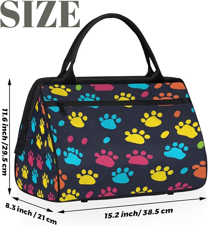 Retro Colorful Dog Paw Travel Duffel Bag, Waterproof Sports Gym Duffle Bag, Large Capacity Weekender Carry On Overnight Bags for Women Men