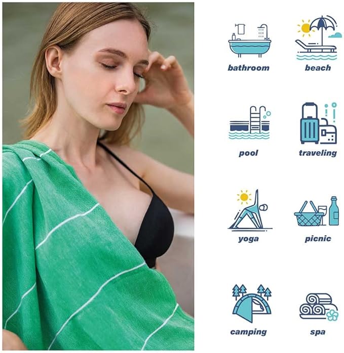 Hencely Turkish Beach Towel 37x68 Oversized, Sand-Free, Quick-Dry, Lightweight - Travel Essential for Pool & Bath - Striped 100% Cotton Bathroom Towels Accessories Gift (Green)