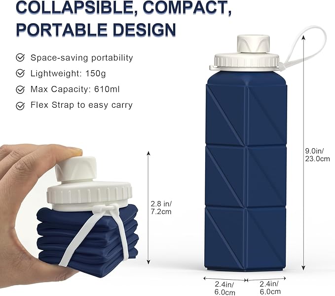 Collapsible Water Bottles 20.6oz 2 Pack, Silicone Foldable Portable Travel Water Bottle, BPA-Free Reusable Leakproof for Travel Camping Hiking Cycling Yoga Sports Outdoor (Darkblue+Pink)