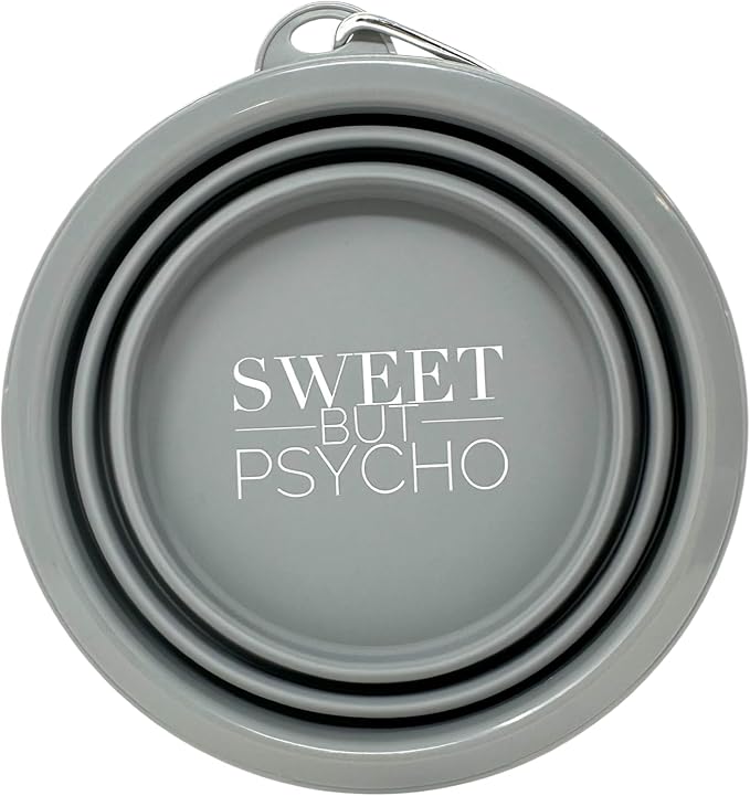 SparkDog Sweet But Psycho Collapsible Dog Bowl, 1000ML (34oz) –XL Food-Grade Silicone Travel Bowl with Sturdy Rim – Extra Large Portable for Dogs & Cats – Great for Pet Lovers (Gray)