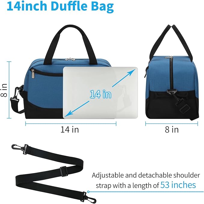 Apenze Small Gym Bag 14 inch lightweight Carry On Mini Duffel Bag with D-Ring for Travel Sport - Blue