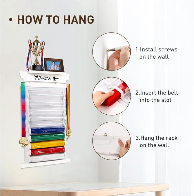 Tilhumt 10/12 Belts Karate Belt Display Rack with Photo Shelf, Felt Taekwondo Belt Display Rack Martial Arts Belt Display for Adults TKD, BJJ