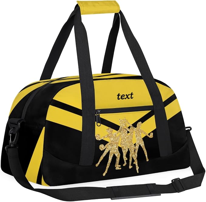 Custom Name Black Yellow Cheerleading Gym Travel Duffle Bag with Front Zipper Pocket Personalizedfor Sports Bag for Overnight, Weekender, Carry On,Workout & Dance, 18.9 * 8.7 * 10.6 in