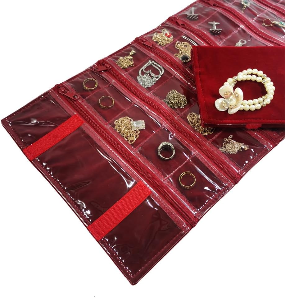 Travel Jewelry Roll Bag Portable Organizer Pouch With Grids&PVC Cover Storage Bags for Necklace, Bracelet, Bracelet,Ring, Badge, Pendant