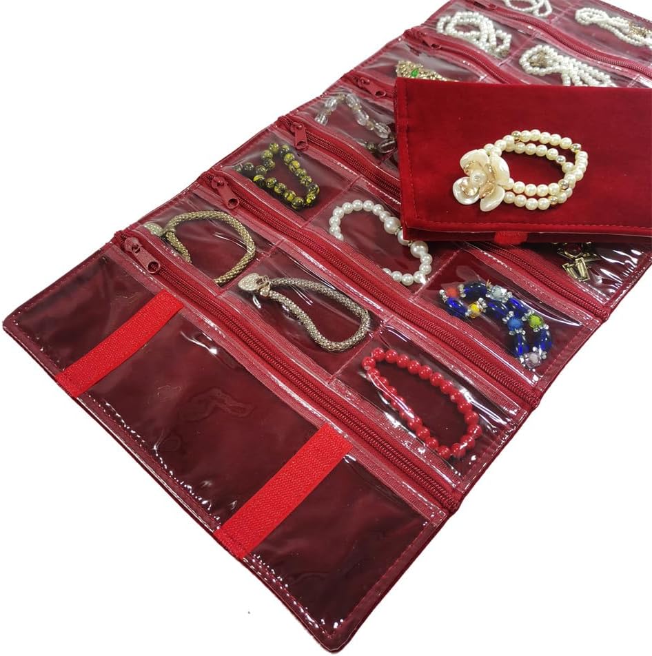 Travel Jewelry Roll Bag Portable Organizer Pouch With Grids&PVC Cover Storage Bags for Necklace, Bracelet, Bracelet,Ring, Badge, Pendant