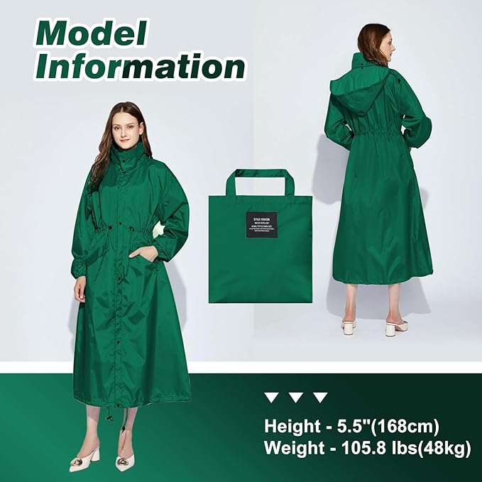 LAMA Womens Long Raincoats Rain Jacket Waterproof Packable Hooded Windbreaker Lightweight Adjustable Waist for Outdoor
