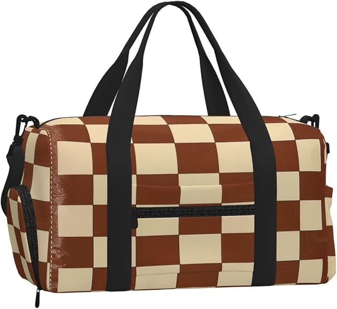 Sports Gym Bag Brown Cream Checkerboard Grid Travel Duffel Bag With Shoe Compartment Shoulder Strap, Lightweight Water-Resistant Weekend Overnight Totes For Women Men