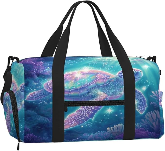 Sports Gym Bag Ocean Fantasy Pastel Sea Turtle Travel Duffel Bag With Shoe Compartment Shoulder Strap, Lightweight Water-Resistant Weekend Overnight Totes For Women Men