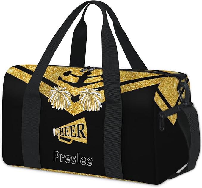 Personalized Cheerleader Bag with Name, Custom Small Sport Duffel Weekender Bags Travel for Gym Dance Trip Outdoor Activities, Yellow Glittering Black Cheerleading Team