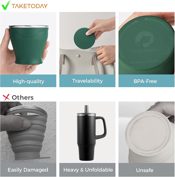 TakeToday Collapsible Travel Cup 8 oz - Silicone Foldable Water Cup, BPA-Free with Lid & Waterproof Bag - Drinking Cup Set for Camping, Outdoors & International Travel（Dark Green）