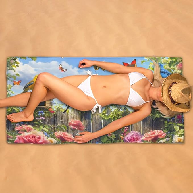 Butterfly Garden Bird Cabin Beach Towel, Large Microfiber Quick Dry Lightweight Pool Bath Towels Sand Free Beach Blanket for Summer Cruise Yoga Camping Travel Vacation Essentials 31 x 61 in