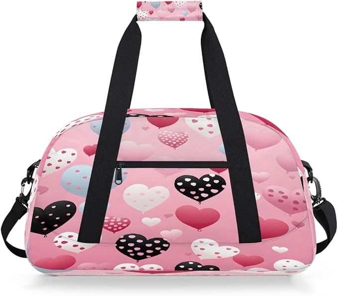 Pink Heart Balloon Print Sports Duffel Bags, Water-Resistant Gym Duffle Bag for Men Women, Lightweight Weekender Overnight Bag for Fitness, Workout, Travel