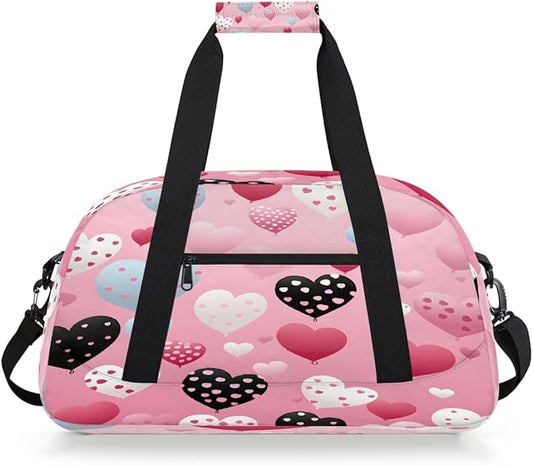 Pink Heart Balloon Print Sports Duffel Bags, Water-Resistant Gym Duffle Bag for Men Women, Lightweight Weekender Overnight Bag for Fitness, Workout, Travel