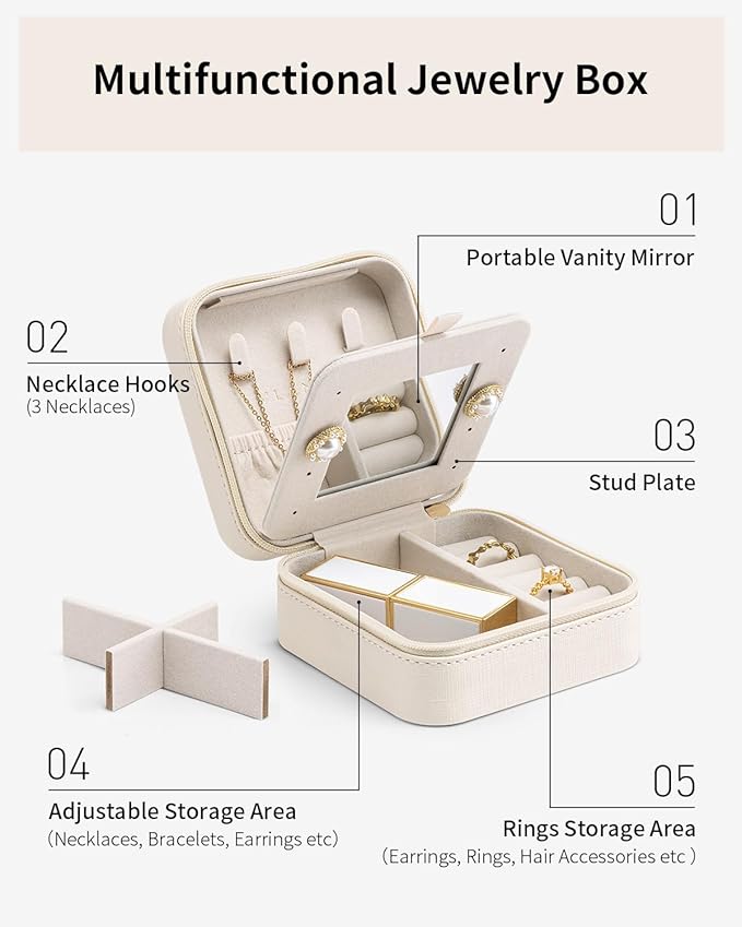 Vlando Bridesmaid Gifts - Small Travel Jewelry Box Organizer - Wedding Gifts for Girls Women Rings Earrings Necklaces Storage with Mirror - Milky White