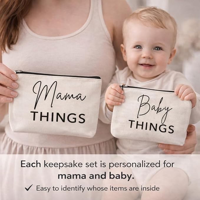 Mom & Baby Pouch Set, Diaper Bag Organizer Insert, Canvas Travel & Hospital Bag Essentials, Mommy Bag Organizer, Makeup & Toiletry Bags for New Moms, Gift for Baby Shower (Set of 2)