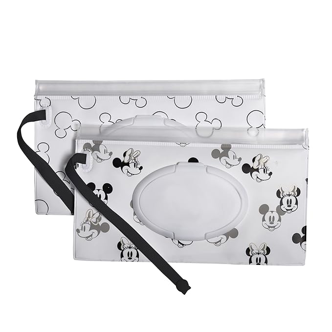 Disney Baby by J.L. Childress Reusable Wet Wipes Case Pouch - Refillable Baby Wipes Dispenser, Travel Essential for On the Go, Portable Holder with Wrist Strap - Mickey and Minnie Mouse, 2 Pack