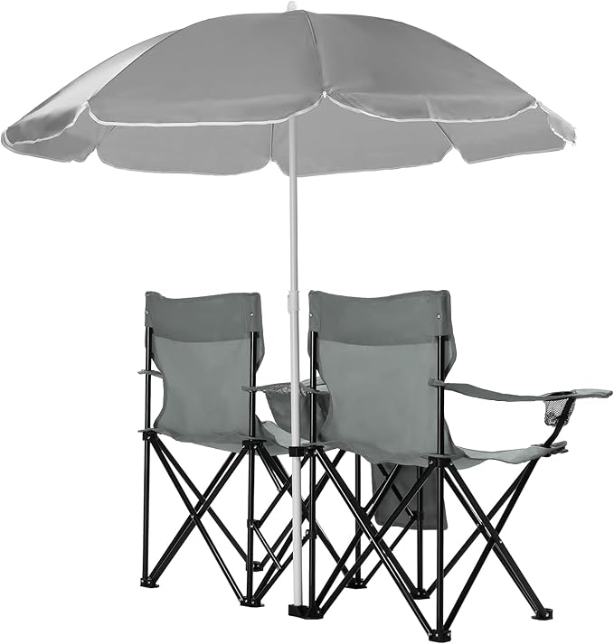 Double Folding Camping Chair W/Umbrella Fold Up Table Beverage Holder Carrying Bag Cooler for Patio Pool Park Outdoor Beach, Picnic, Portable (Grey)