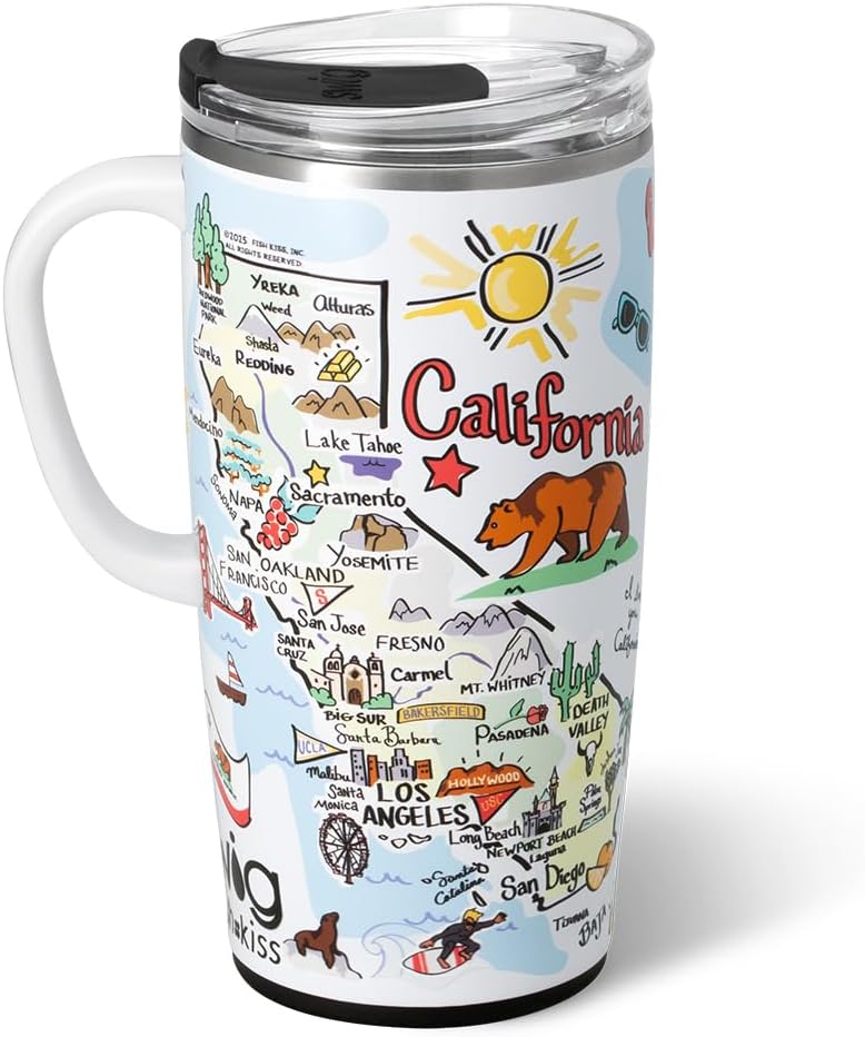 Swig Life 22oz Travel Mug, Insulated Tumbler with Handle and Lid, Travel Coffee Mug, Cup Holder Friendly, Stainless Steel 22 oz Tumbler, Reusable Insulated with Lid (California)