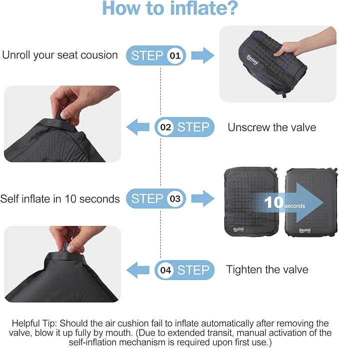 Self-Inflating Airplane Seat Cushion for Long Flights – Portable Travel Cushion Airplane Seat - Memory Foam Travel Seat Cushion Providing Pressure Relief (Grey, 15.7" x 11.8" x 2")