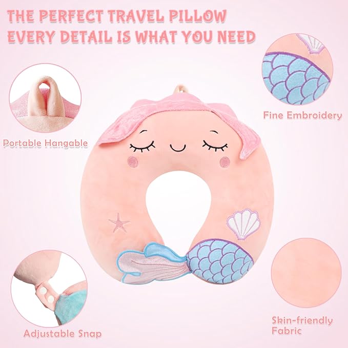 Travel Pillow, Travel Accessories for Car Airplane Traveling, Soft Memory Foam Kids Travel Pillow with Sleep Eye Mask Kids Neck Pillow for Boys & Girls - Cute Pink Mermaid