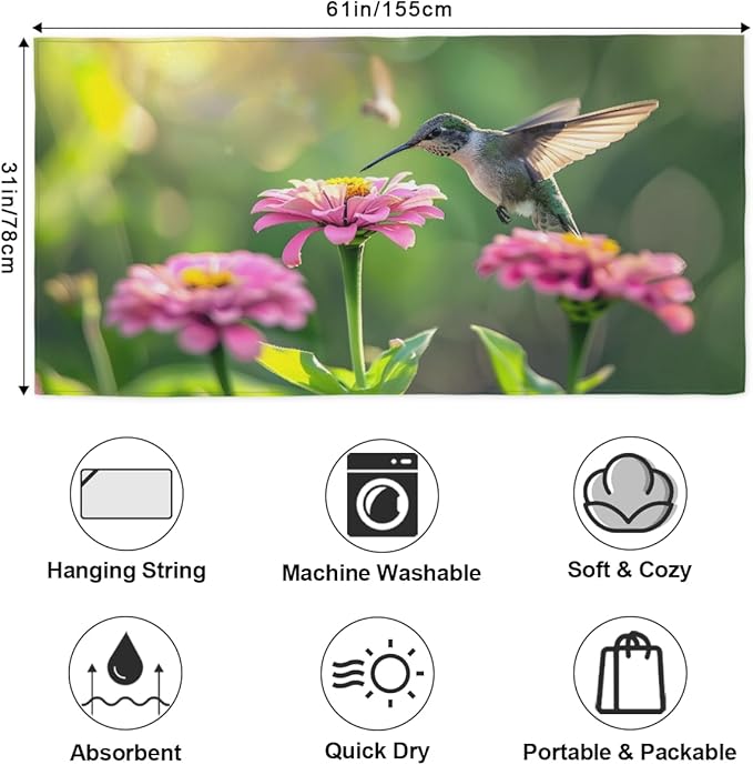 Hummingbird Flower Beautiful Beach Towel, Large Microfiber Quick Dry Lightweight Pool Bath Towels Sand Free Beach Blanket for Summer Cruise Yoga Camping Travel Vacation Essentials 31 x 61 in