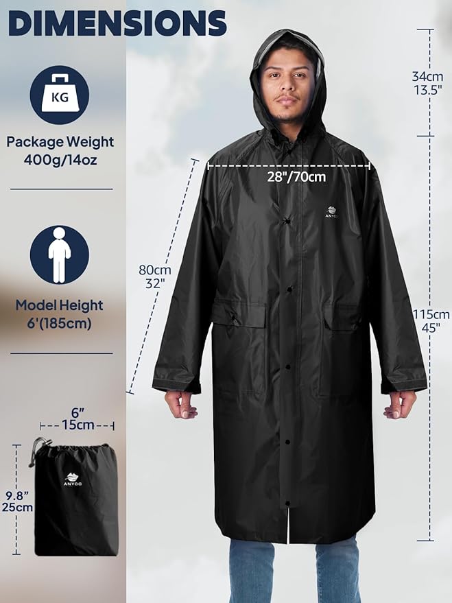 ANYOO Waterproof Rain Jacket for Men Women Lightweight Long Sleeve Raincoat with Hood Emergency Rain Poncho Adults for Hiking