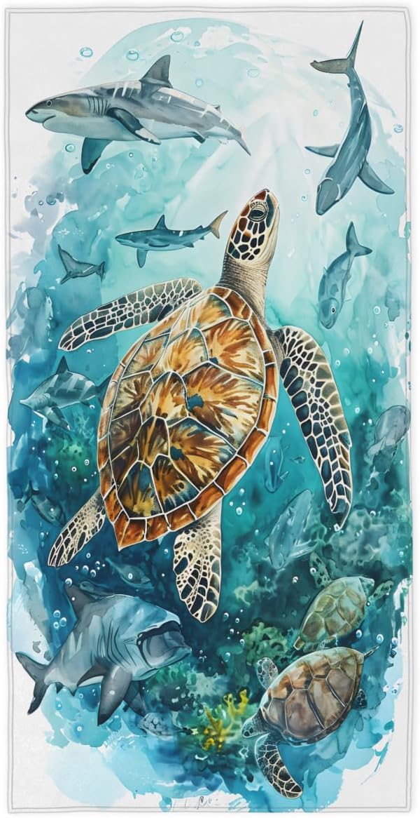 Turtle Shark Undersea Beach Towel, Large Microfiber Quick Dry Lightweight Pool Bath Towels Sand Free Beach Blanket for Summer Cruise Yoga Camping Travel Vacation Essentials 31 x 61 in
